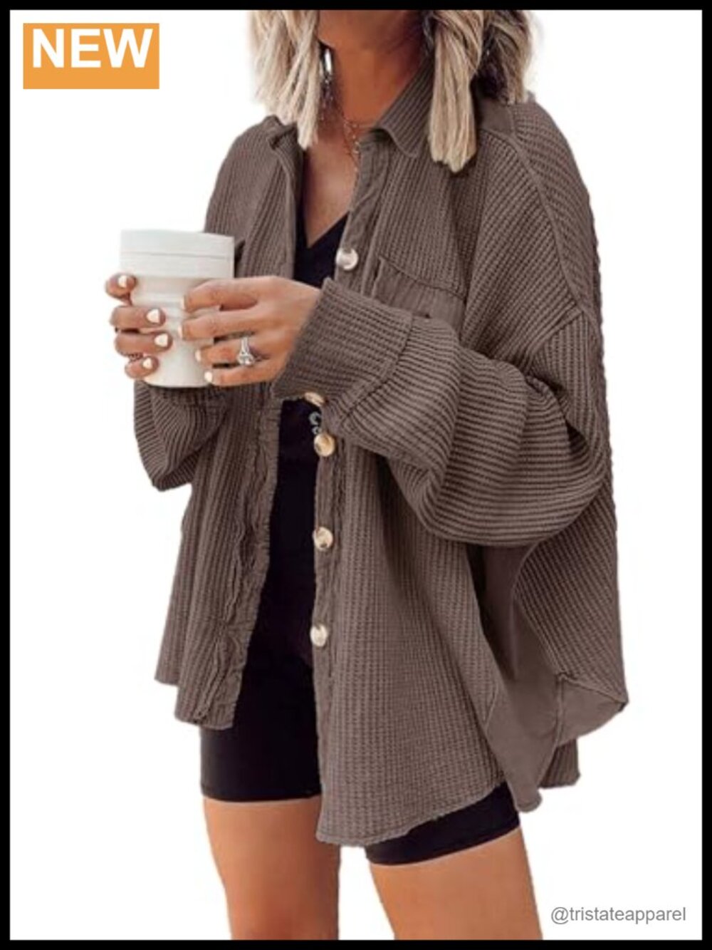 Waffle Knit Shacket Oversized Button Down Shirt Jacket Lightweight
